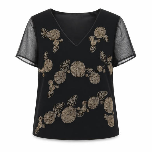 Jacques Vert Women's Black Embroidered V-Neck Blouse Size 16