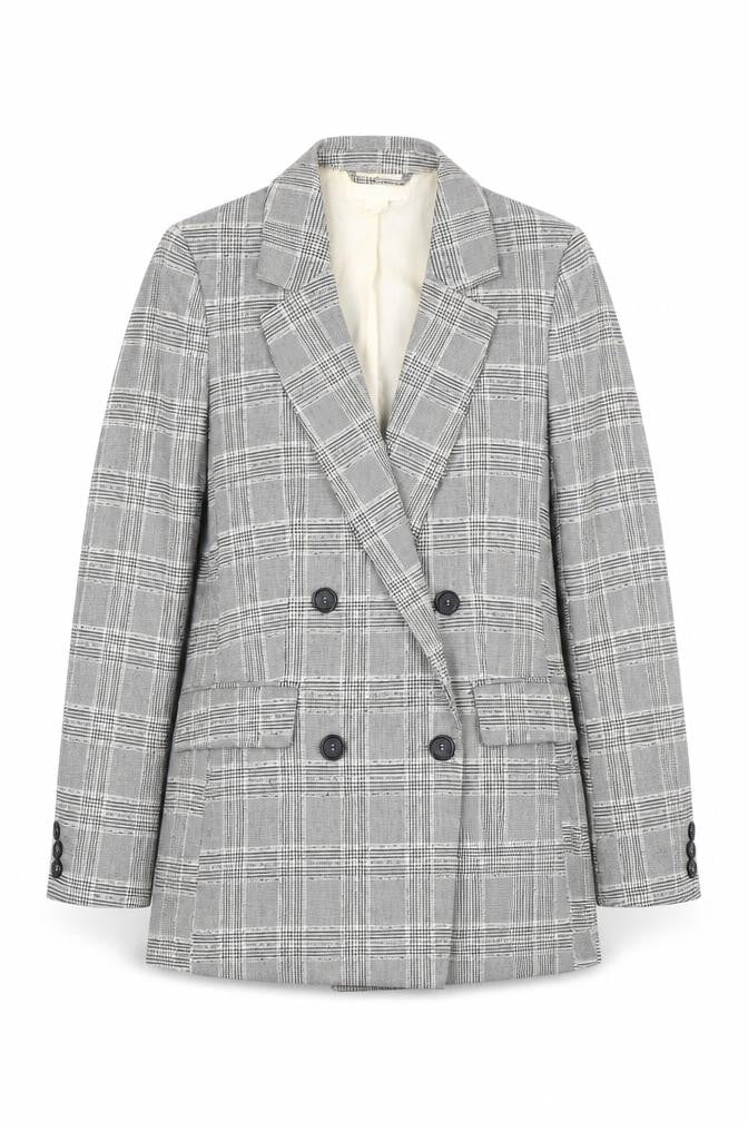 H&M Women's Grey Plaid Double-Breasted Blazer - Size 8