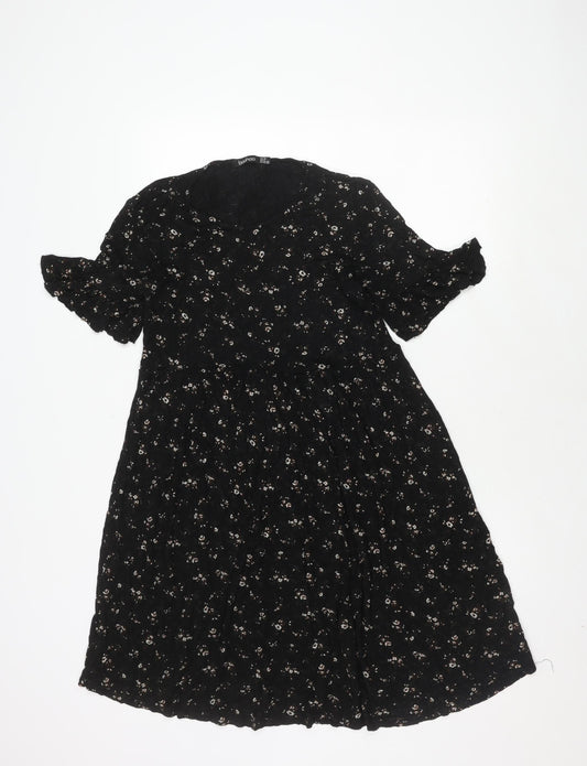 Boohoo Women's Black Floral A-Line Dress Size 10