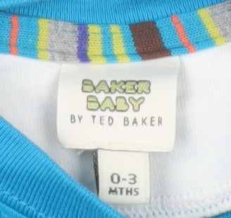 Brand and care label for Ted Baker boys’' blue graphic print t-shirt, 0-3 months