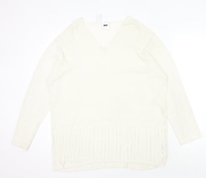 DKNY Women's Ivory V-Neck Pullover Jumper L