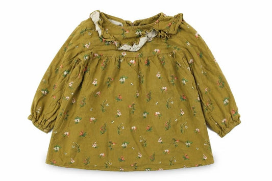 Front view of Next girls’ green floral tunic blouse, 2-3 years, ruffle accented