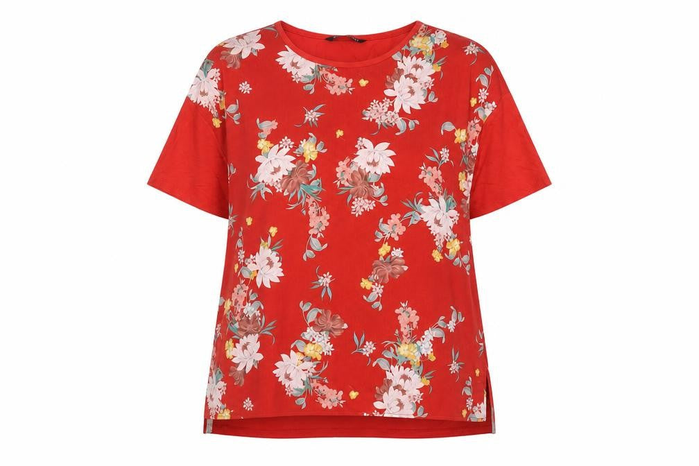 Stradivarius Women's Red Floral T-Shirt, Size S, Viscose