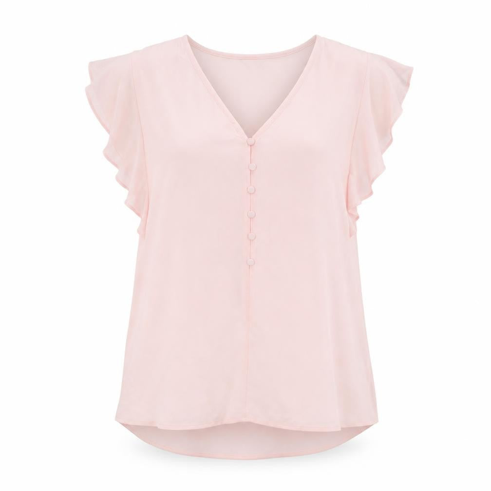 Monsoon Women's Pink Chiffon Blouse, M, V-Neck, Flutter Sleeve