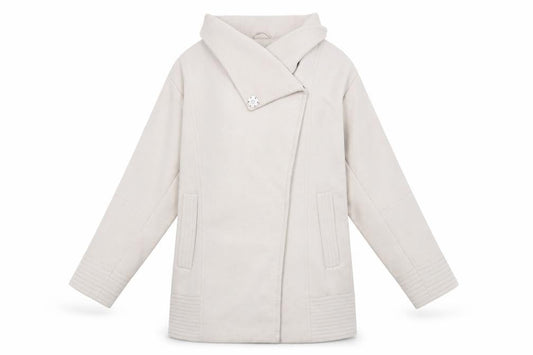 Front view of ASOS Women's Beige Long Coat, size 6, with Button Accent
