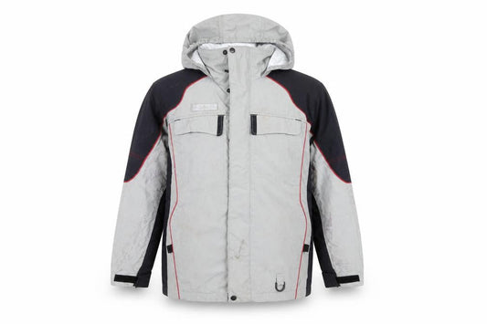 Front view of Columbia boys’ grey parka jacket with hood in, size 14-15, years