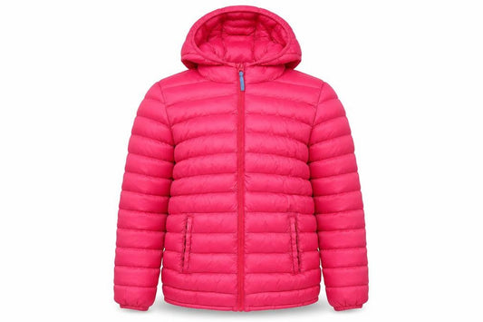 Front view of Mountain Warehouse girls’ pink hooded puffer jacket 11-12y