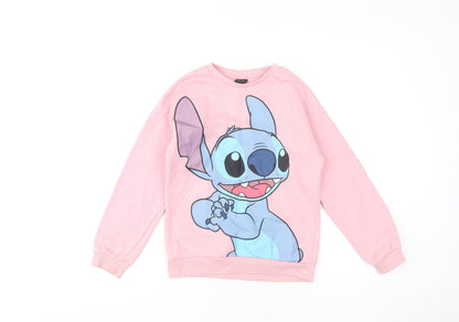 Front view of Disney Primark girls’ pink stitch sweatshirt 11 years pullover
