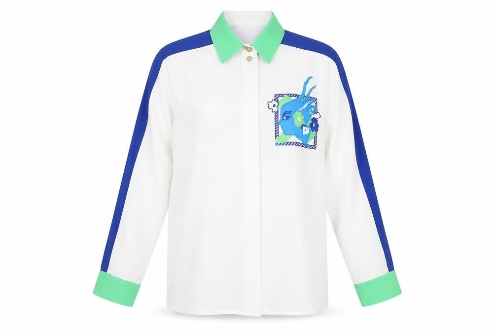 Jacques Vert Women's White/Blue/Green Button-Up Shirt, Size 12