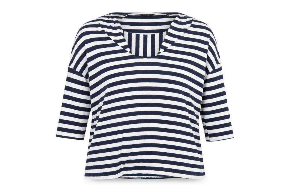 Roman Women’s Blue Striped V-Neck Top, Size 12