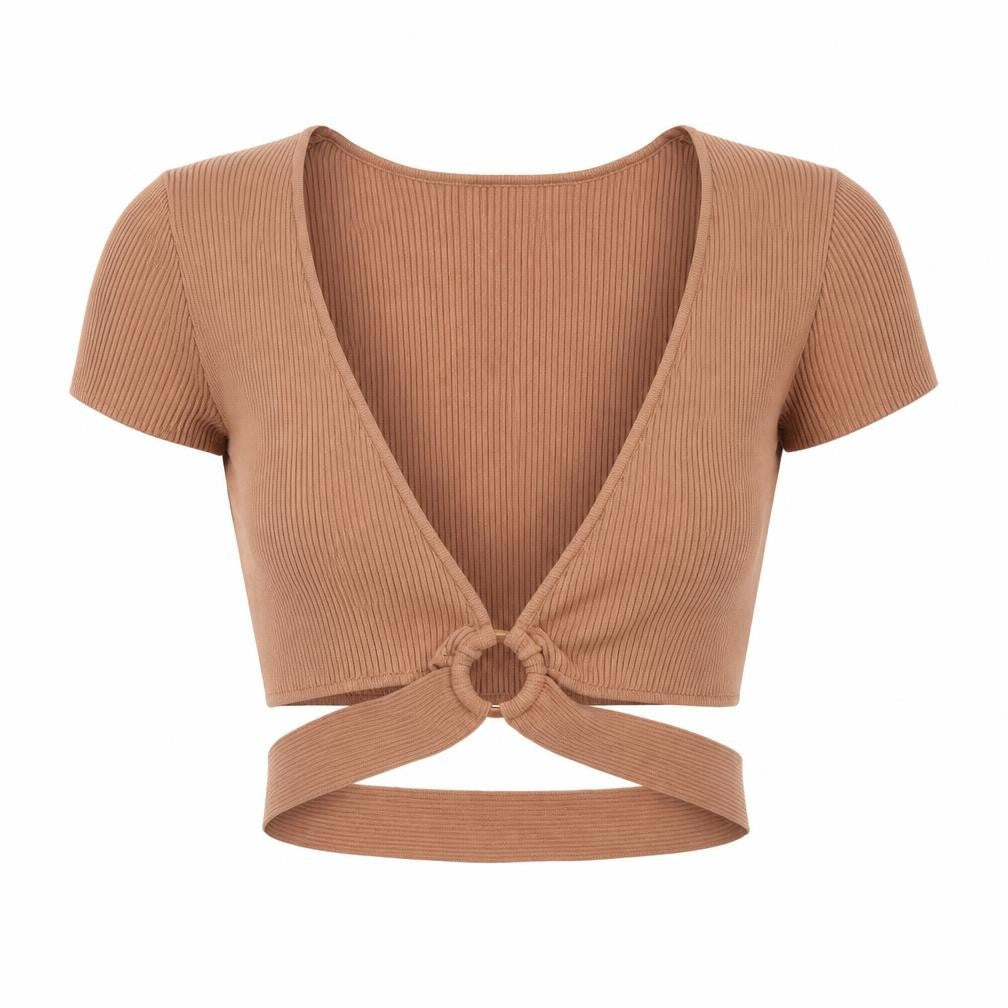 Bershka Women's Brown Cropped V-Neck Top - Size 2