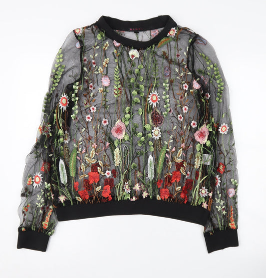 Mandi Women's Black Embroidered Floral Pullover Jumper, M