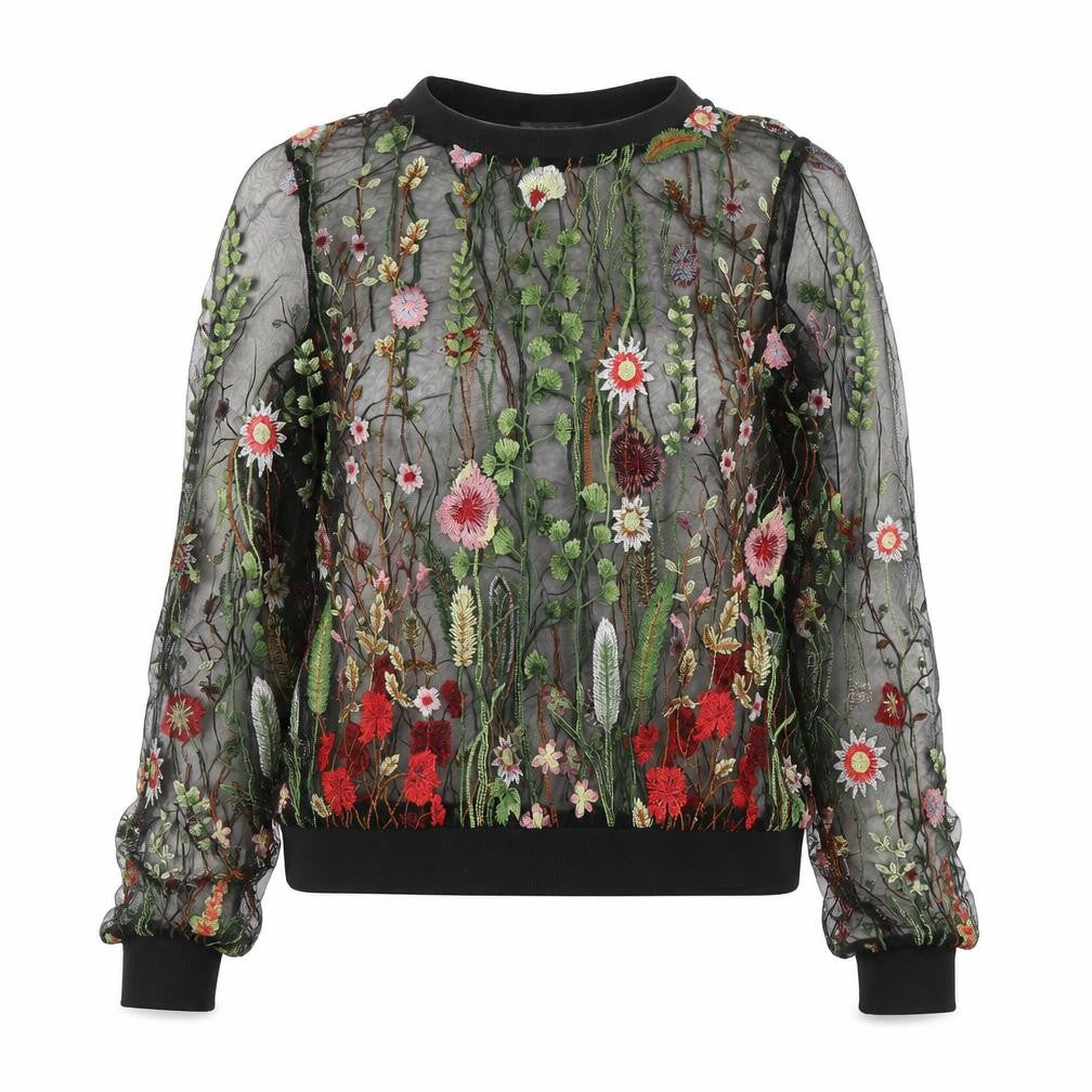 Mandi Women's Black Embroidered Floral Pullover Jumper, M