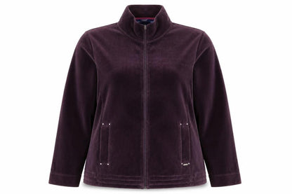 Front view of Honor Millburn Women's Purple Velvet Zip Jacket