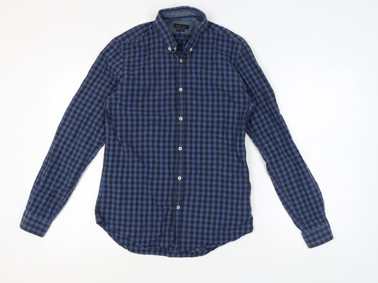 Zara Men's Blue Slim Fit Check Shirt - Medium