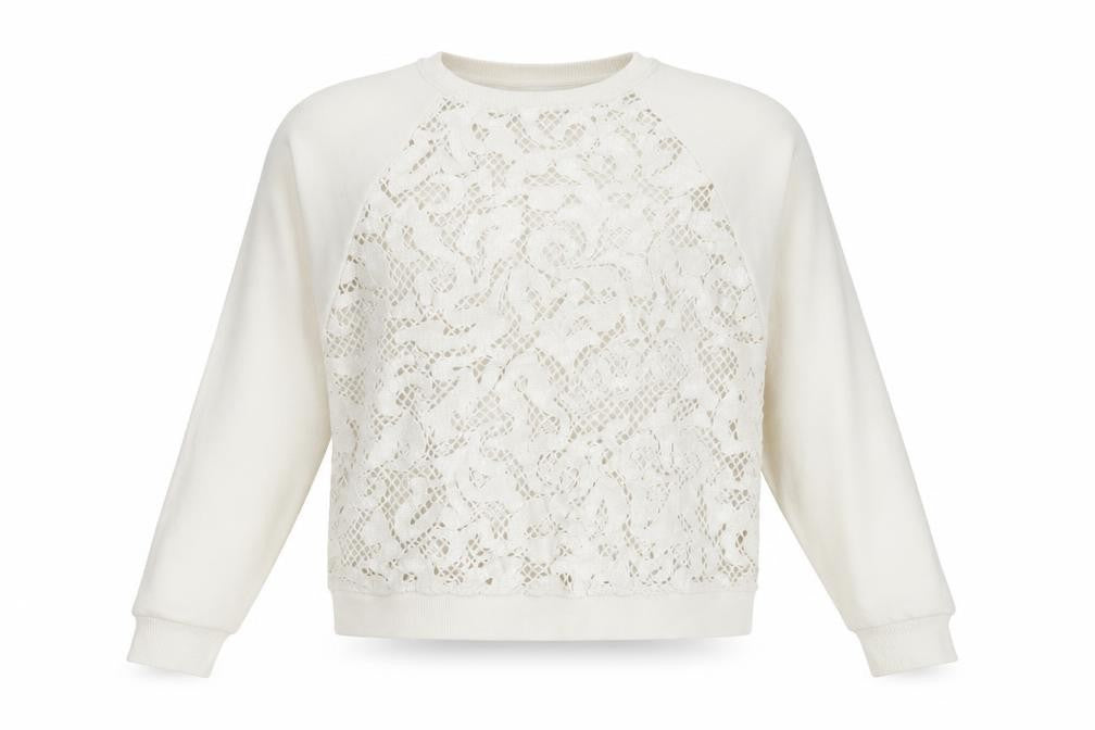 Pull&Bear Women's Ivory Cotton Pullover Crochet Sweatshirt