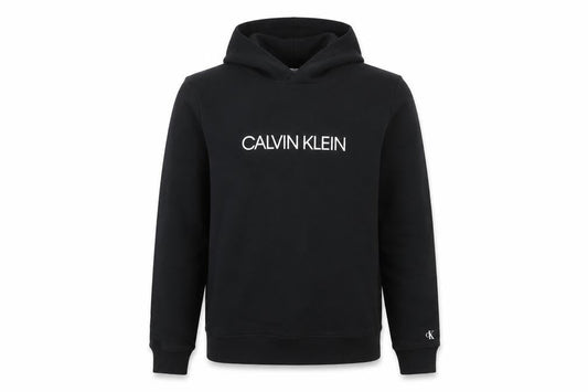 Front view of Calvin Klein boys’ black hoodie logo pullover 16 years