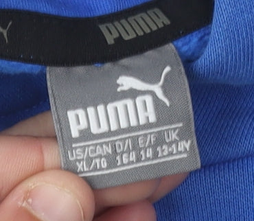 Close-up detail of Puma boys’ blue hoodie pullover, size 14, graphic design