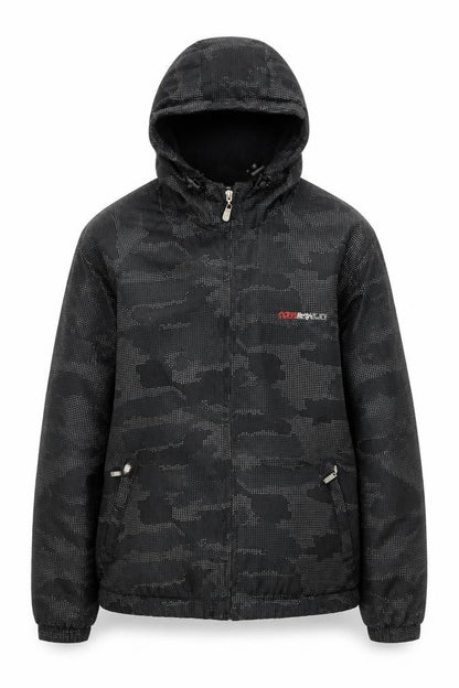 Front view of Air Max Ltd boys’ black hooded camouflage jacket m