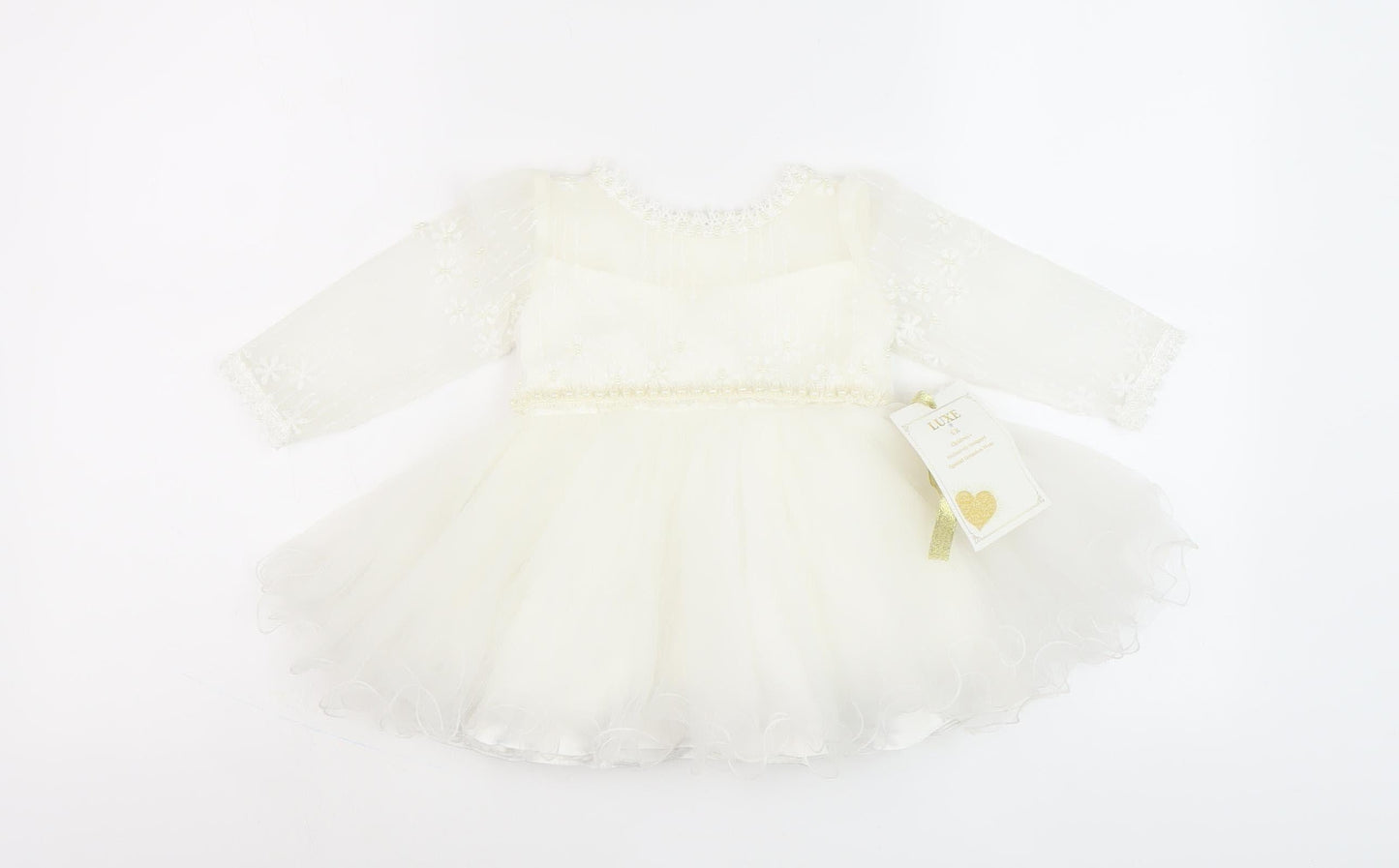 Luxe Girls Ivory Dress 3-6 Months with Floral Embroidery