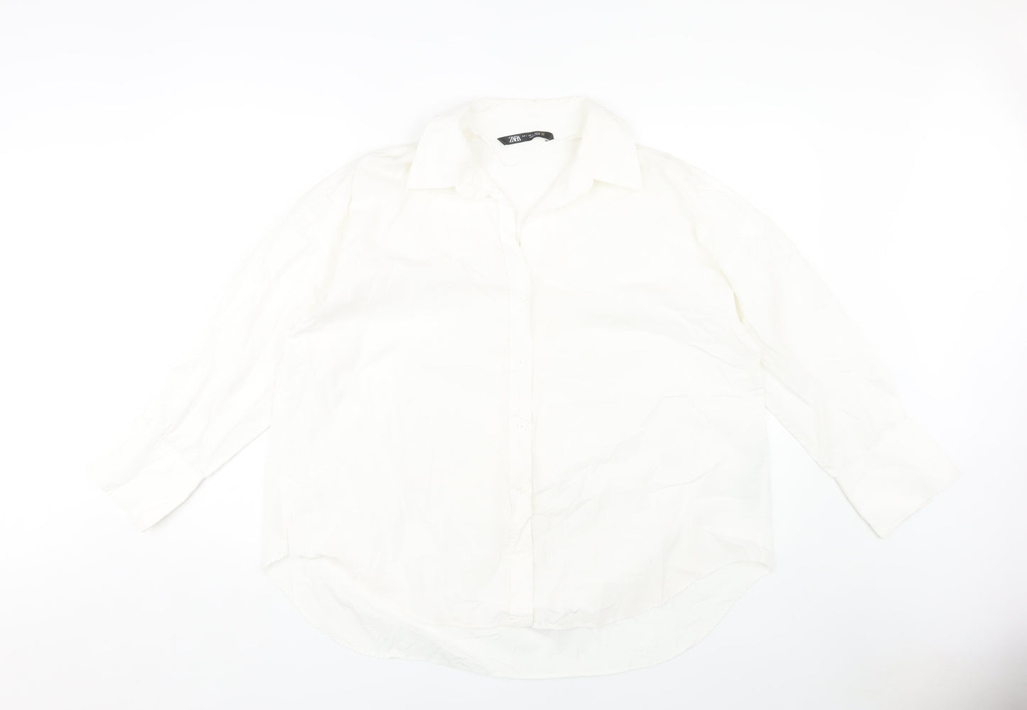 Zara Women's White Button-Up Shirt, Size 12, Collared Neck
