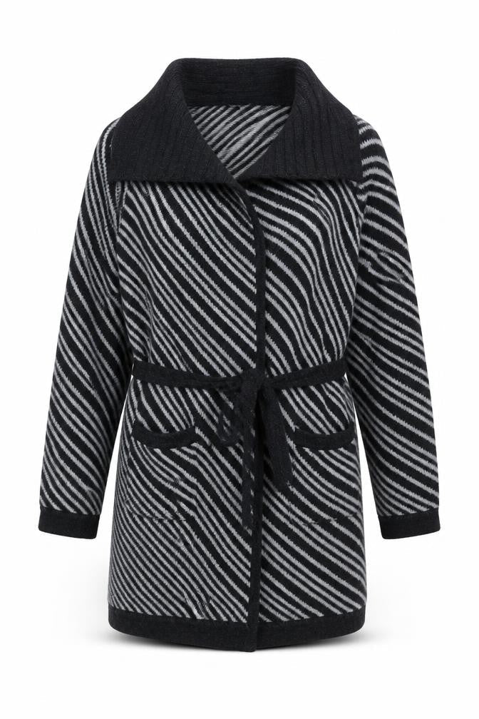 Viyella Women's Black L Striped Belted Cardigan