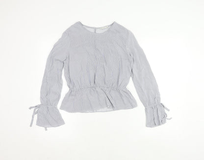 Bershka Women's Grey Striped Blouse, Size S, Flared Sleeve