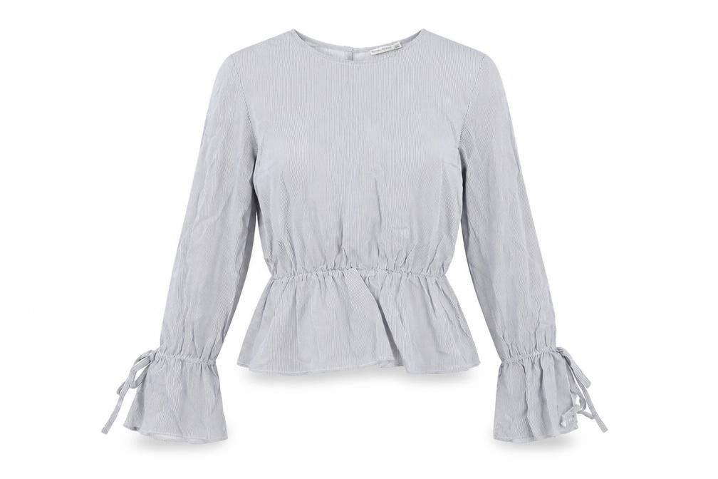 Bershka Women's Grey Striped Blouse, Size S, Flared Sleeve