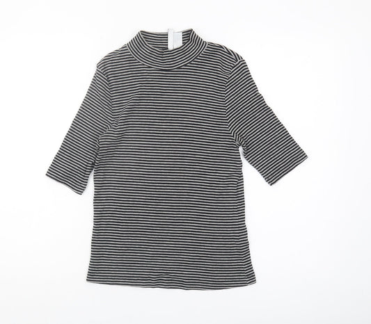 H&M Women's Black Striped Mock Neck 3/4 Sleeve T-Shirt