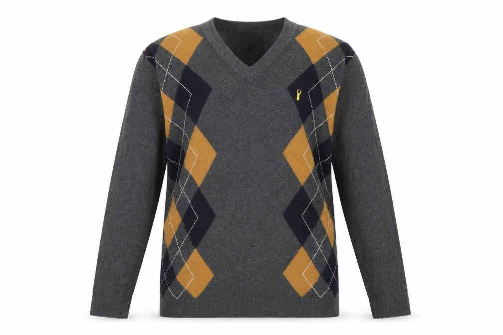 Next Men's Grey Argyle Pullover Jumper, L, Cotton V-Neck