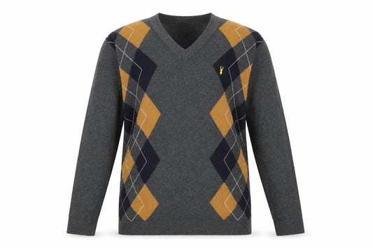 Next Men's Grey Argyle Pullover Jumper, L, Cotton V-Neck