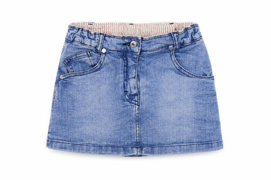 Front view of DKNY girls’ blue denim skort, size 8, years, casual mini style