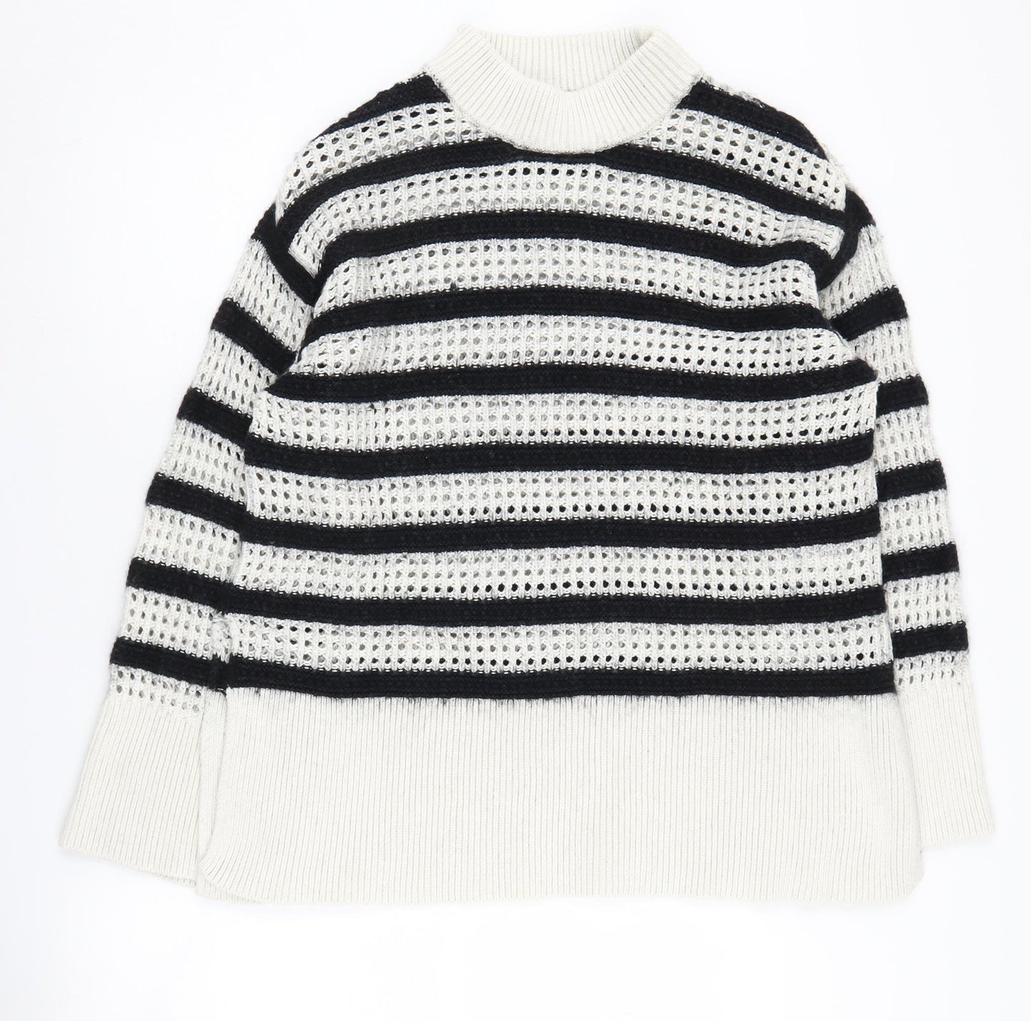 H&M Women's Striped Open-Knit Mock Neck Jumper - Black/White - M