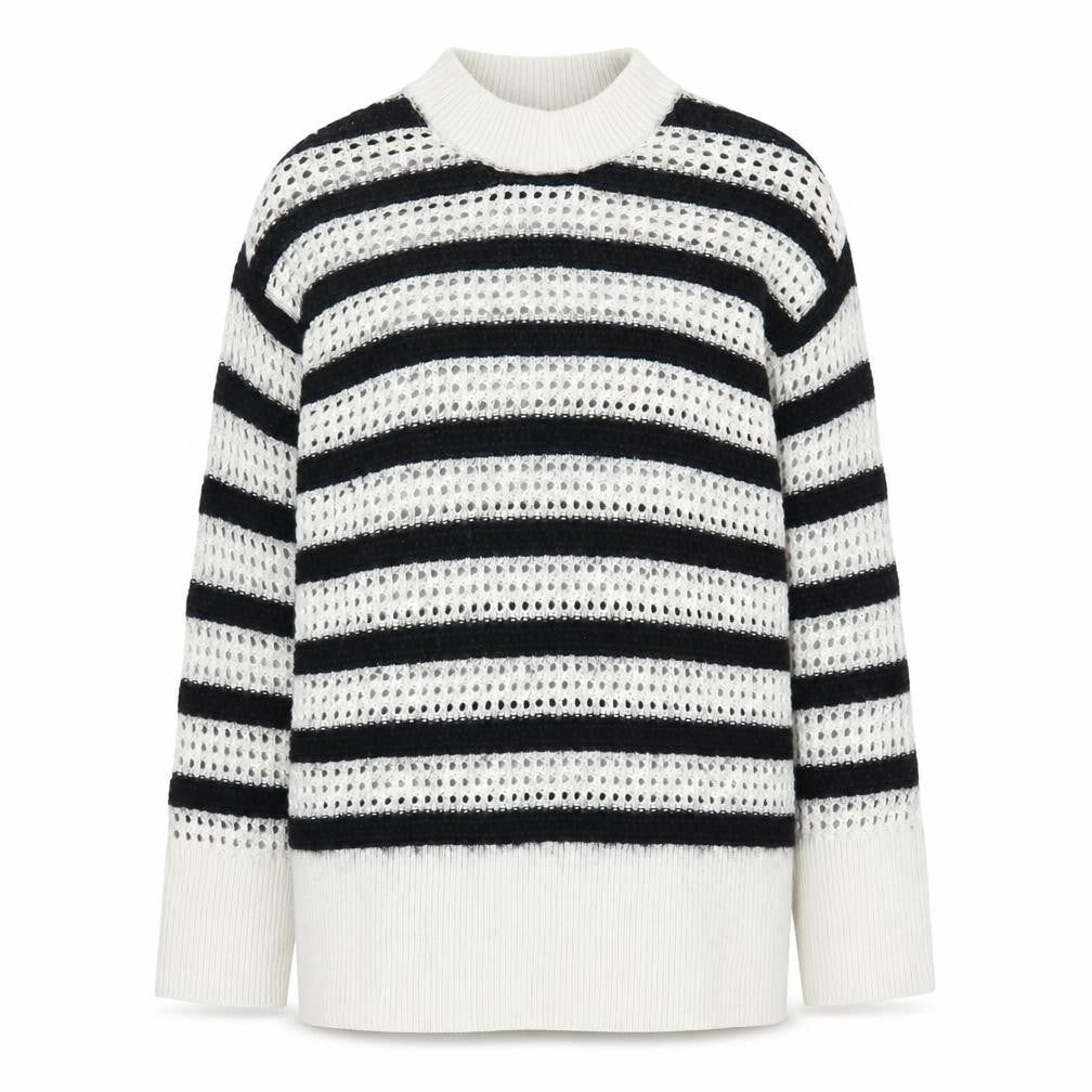 H&M Women's Striped Open-Knit Mock Neck Jumper - Black/White - M