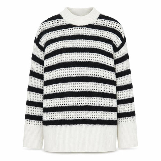 H&M Women's Striped Open-Knit Mock Neck Jumper - Black/White - M