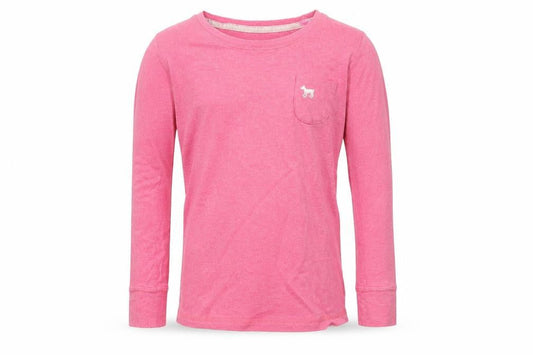 Front view of Mini Boden girls’ pink long sleeve t-shirt, size 9-10, years