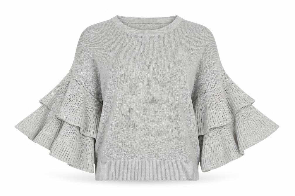 DKNY Women's Grey Knit Jumper, Size S with Ruffle Sleeves