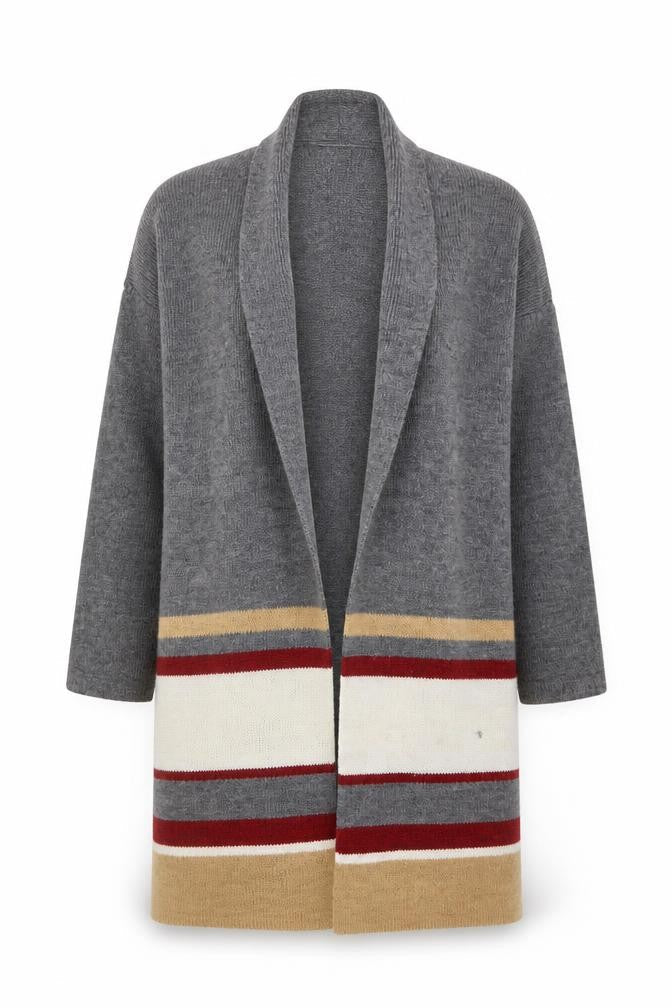 Isabella D. Women's Grey Striped Open Front Cardigan (Size L)