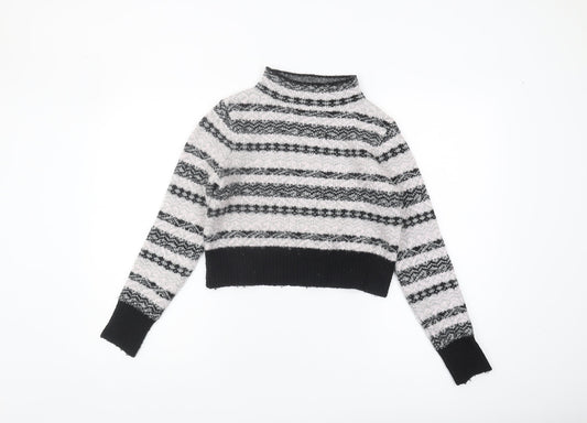 Topshop Women's Striped Mock Neck Cropped Jumper, Black/White, Size 8