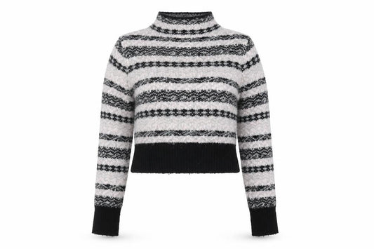Topshop Women's Striped Mock Neck Cropped Jumper, Black/White, Size 8