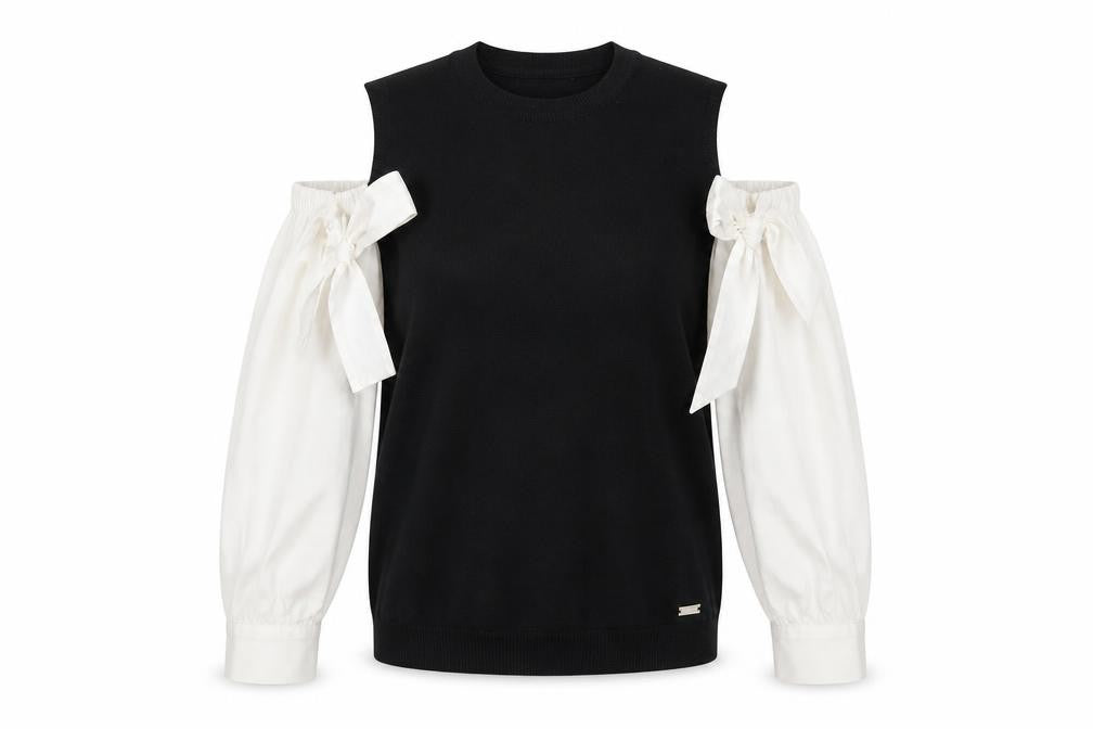 Jovonna Women's Black Knit Pullover - Bow Sleeveless S