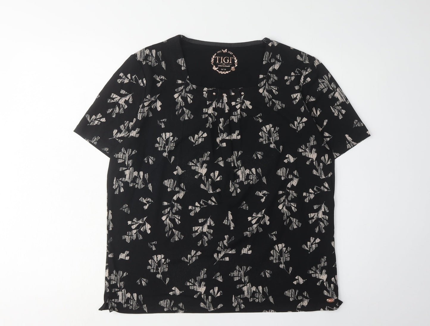 TIGI Women's Black Floral Short Sleeve T-Shirt Size 14