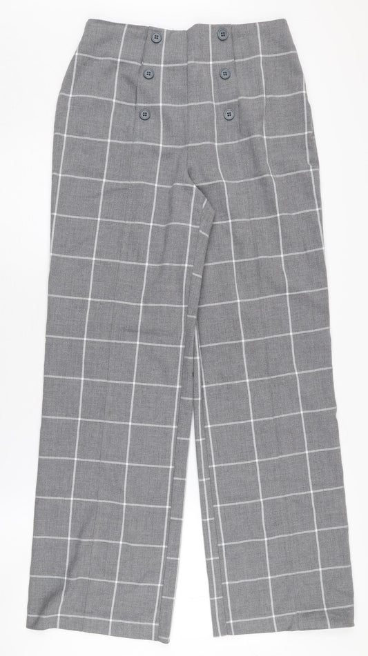 Kiabi Women's Grey Check Trousers Size 10 Wide-Leg