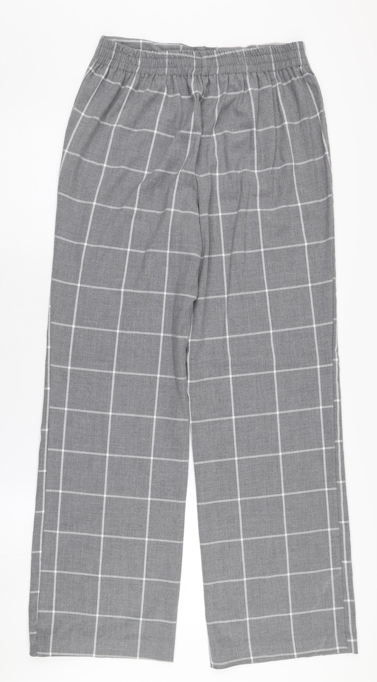 Kiabi Women's Grey Check Trousers Size 10 Wide-Leg