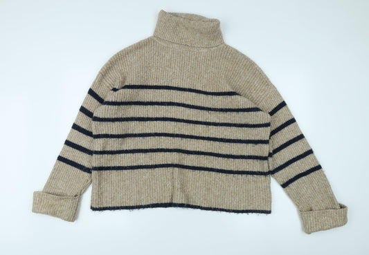Marks and Spencer Women's Beige Striped Roll Neck Jumper L