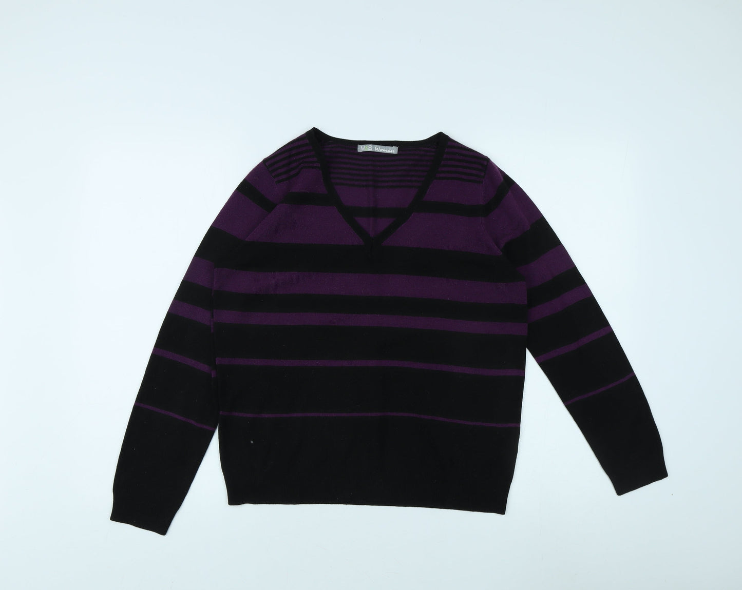 Marks and Spencer Women's Purple Striped Pullover Jumper - Size 12