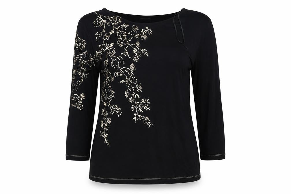 Damart Women's Black Embroidered Boat Neck Top M