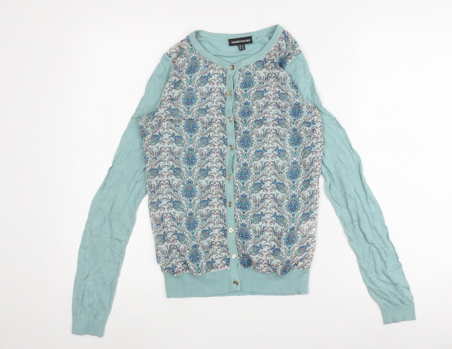 Warehouse Women's Blue Floral Cardigan, Size 8, Button Accents