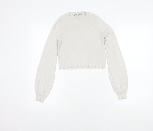 Zara Women's White Cropped Blouse, Size S, Crew Neck
