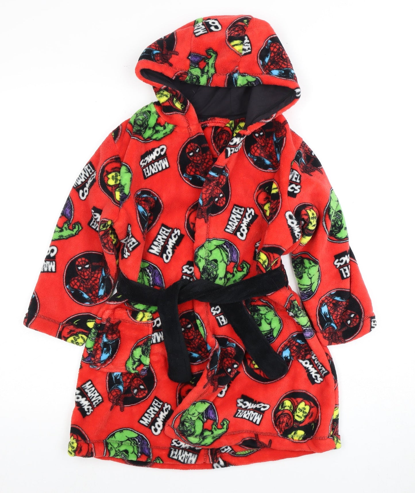 George Boys Marvel Red Fleece Robe 5-6Y Hooded Belted Superhero